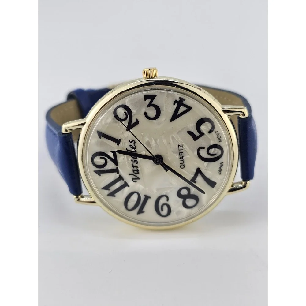 Versales Women's Watch 44MM Cream‎ Dial Blue Faux Leather Bands NEW Battery